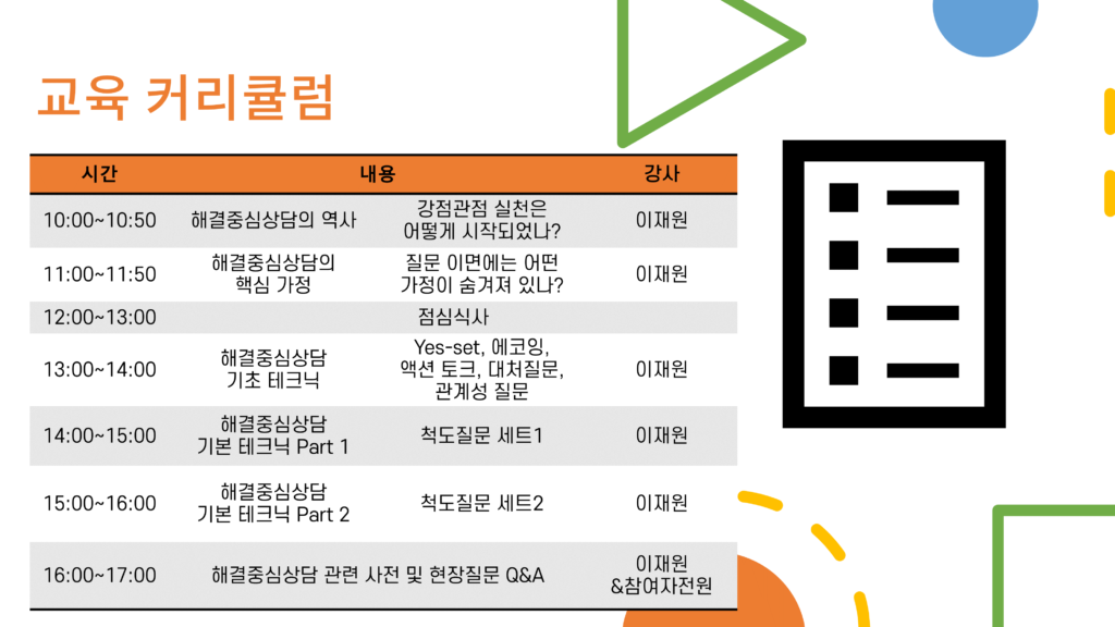 교육 커리큘럼 10:00~10:50 해결중심상담의 역사 강점관점 실천은 어떻게 시작되었나? 11:00~11:50 해결중심상담의 핵심 가정 질문 이면에는 어떤 가정이 숨겨져 있나? 13:00~14:00 해결중심상담 기초 테크닉 Yes-set, 에코잉, 액션 토크, 대처질문, 관계성 질문 14:00~15:00 해결중심상담 기본 테크닉 Part 1 척도질문 세트1 15:00~16:00 해결중심상담 기본 테크닉 Part 2 척도질문 세트2 16:00~17:00 해결중심상담 관련 사전 및 현장질문 Q&A